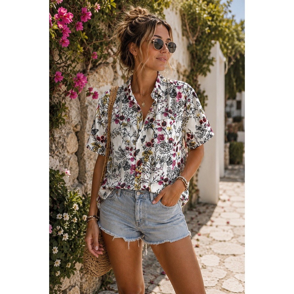 Massive Brand Womens Floral Botanical M Button Up Top Cottagecore Butterfly JJ39